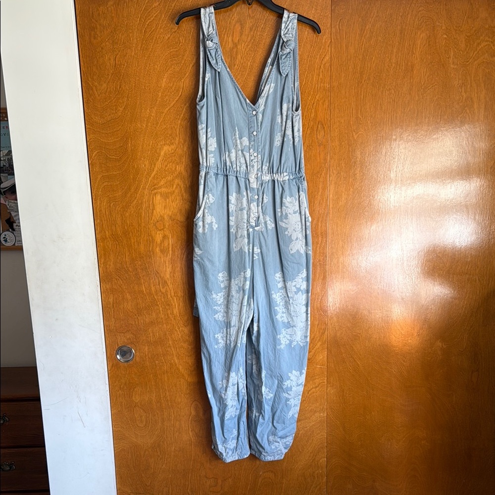 Pilcro and the Letterpress Blue and White Denim Jumpsuit with Tapered Legs